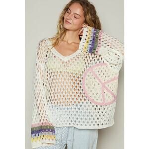 POL Ivory V-Neck Long Sleeve Crochet Peace Thin Sweater Top